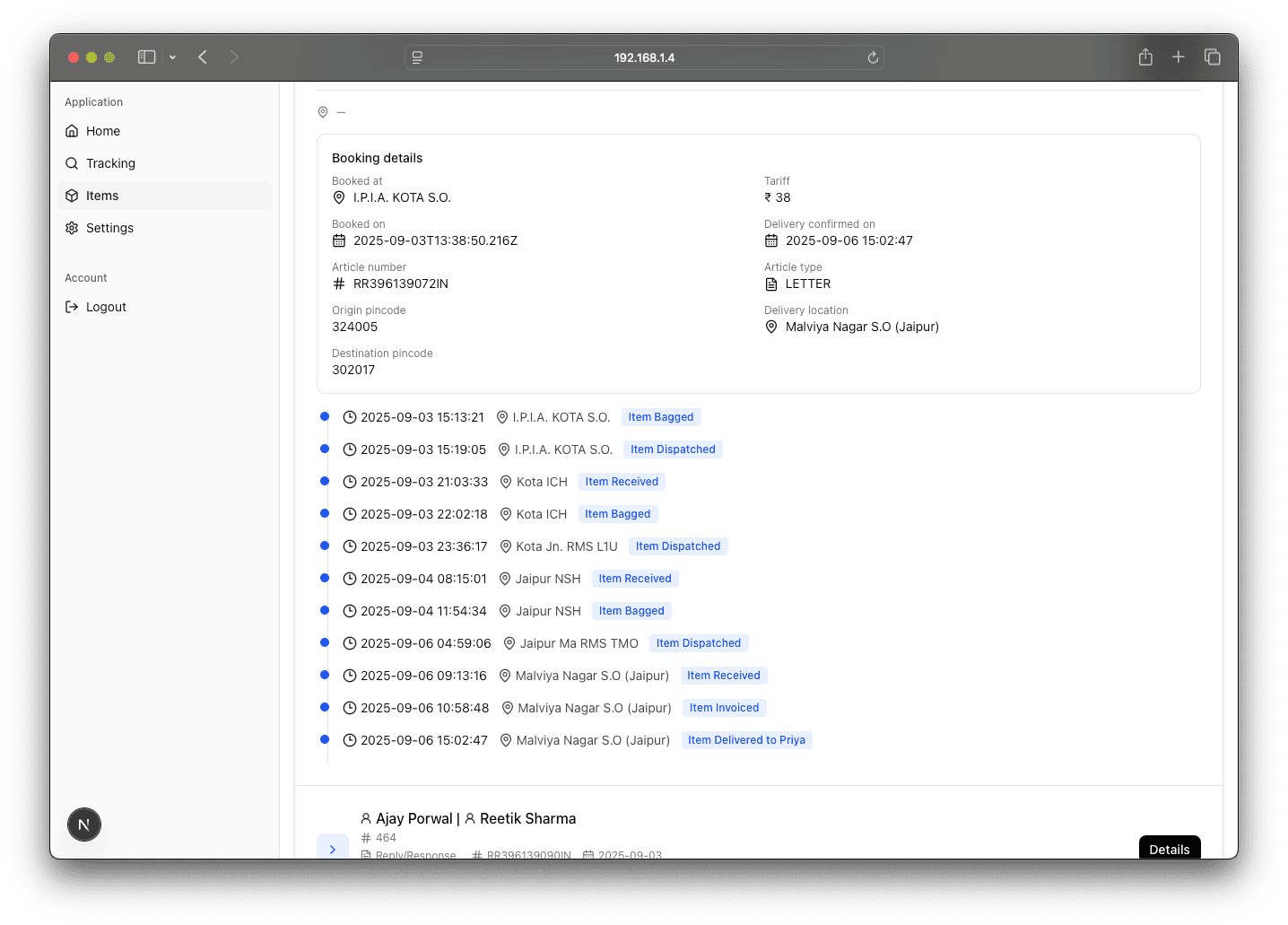 Item timelines and latest status